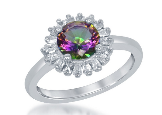 Sortija Round Rainbow Cz With Baguette Border