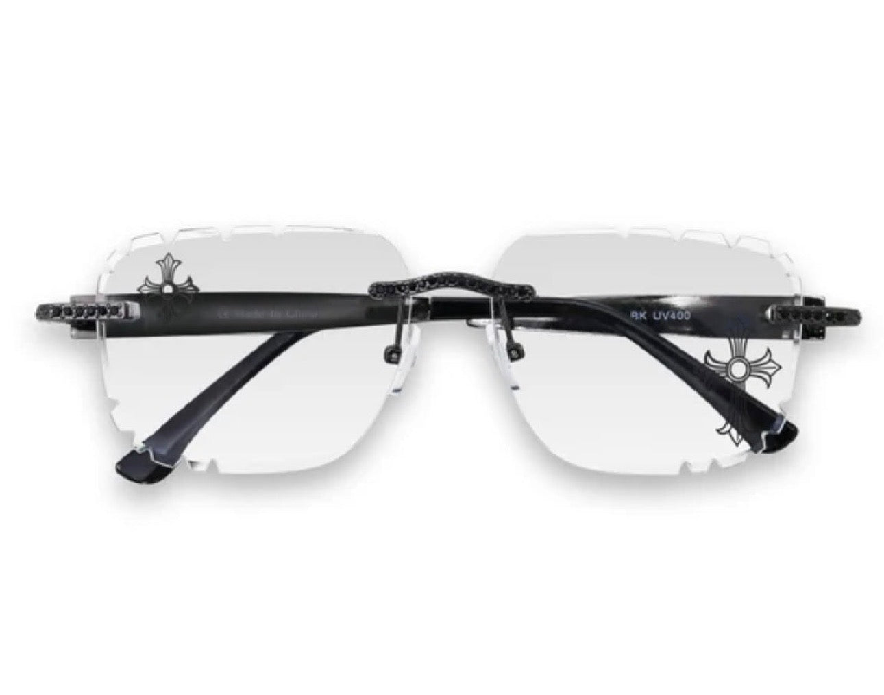 Sunglasses Etched Cross Clear Lens Rimless