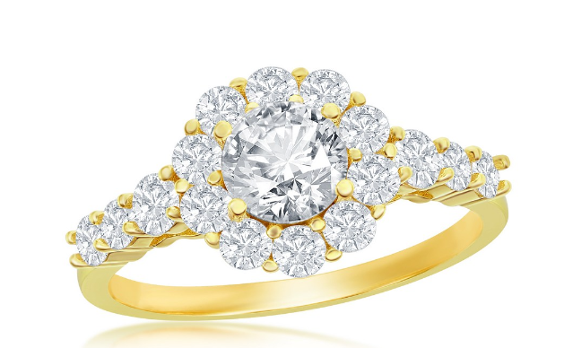 Sortija Round Halo CZ Flower Design Engagement Ring