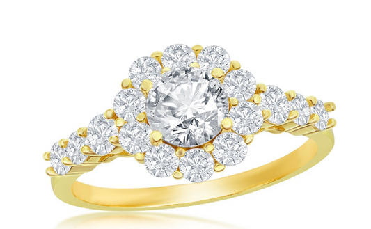 Sortija Round Halo CZ Flower Design Engagement Ring