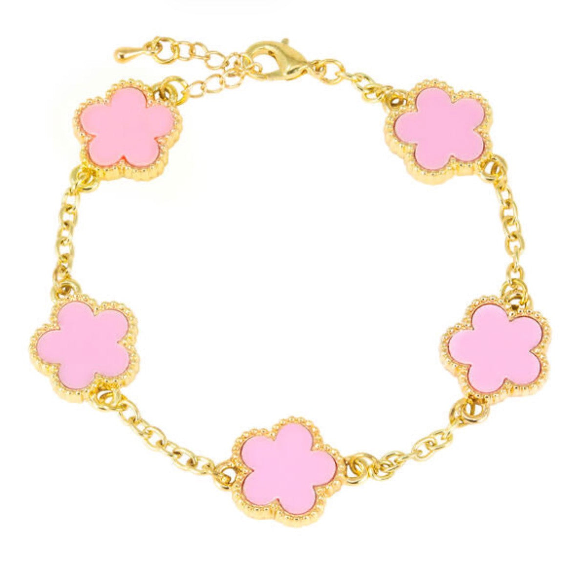 Pulsera de flores rosa y oro