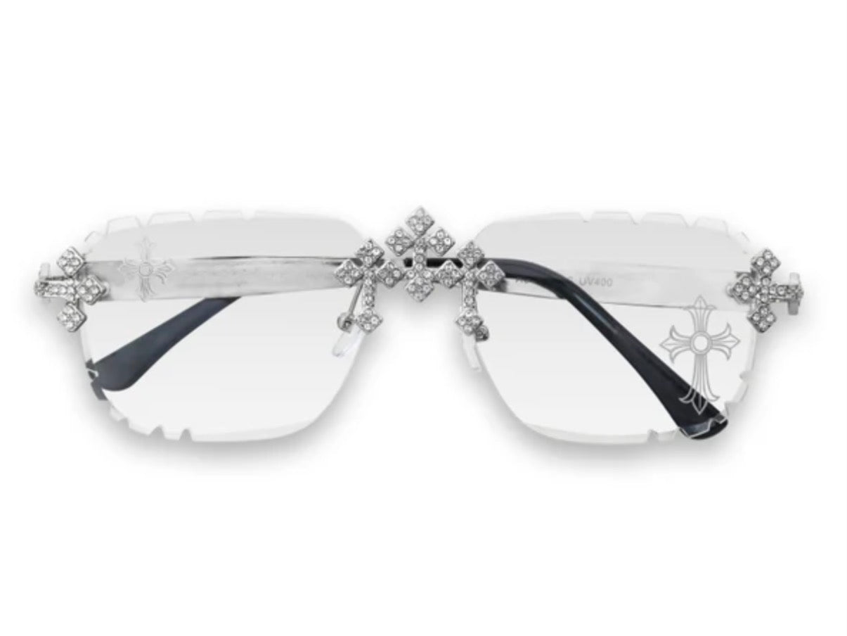 Sunglasses Etched Cross Clear Lens Rimless