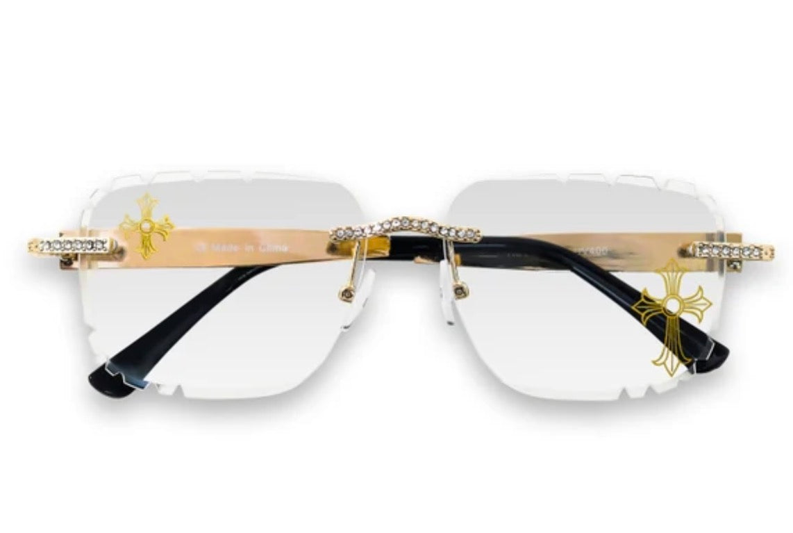 Sunglasses Etched Cross Clear Lens Rimless