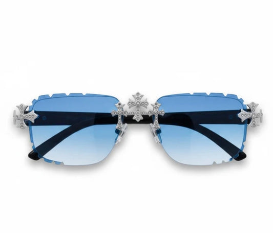 Sunglasses Blue Gradient Lens Black Temple Triple Cross