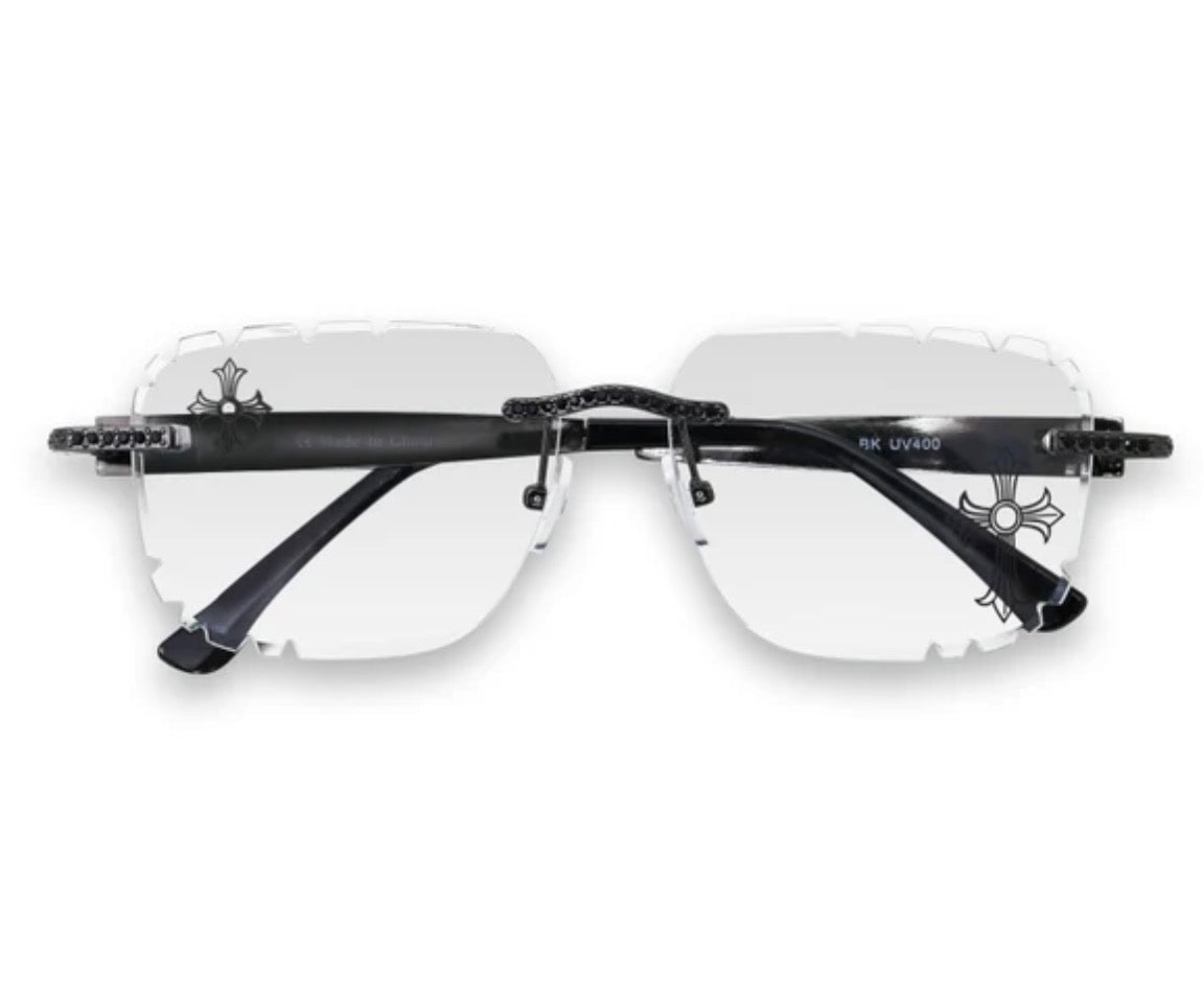 Sunglasses Etched Cross Clear Lens Rimless