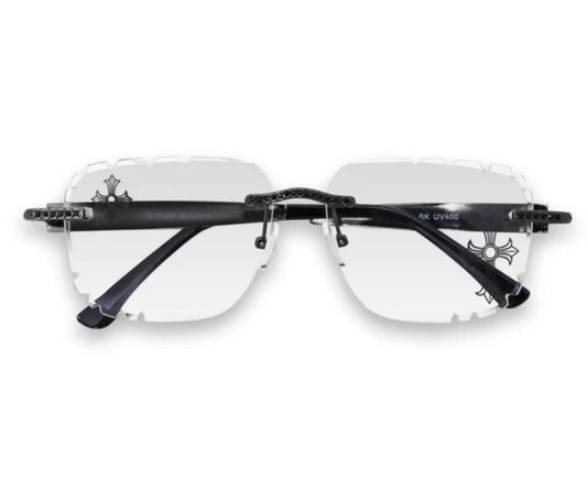 Sunglasses Etched Cross Clear Lens Rimless