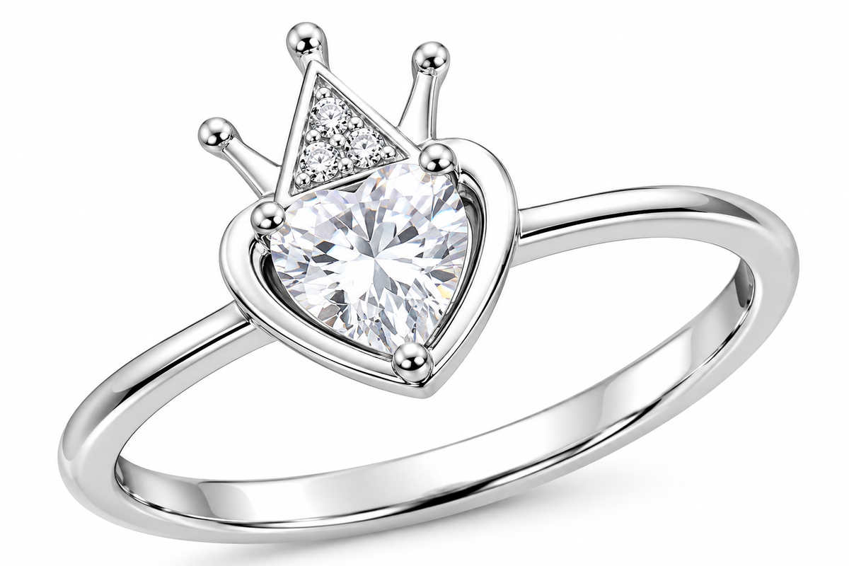 Sortija con corazón y corona plateada